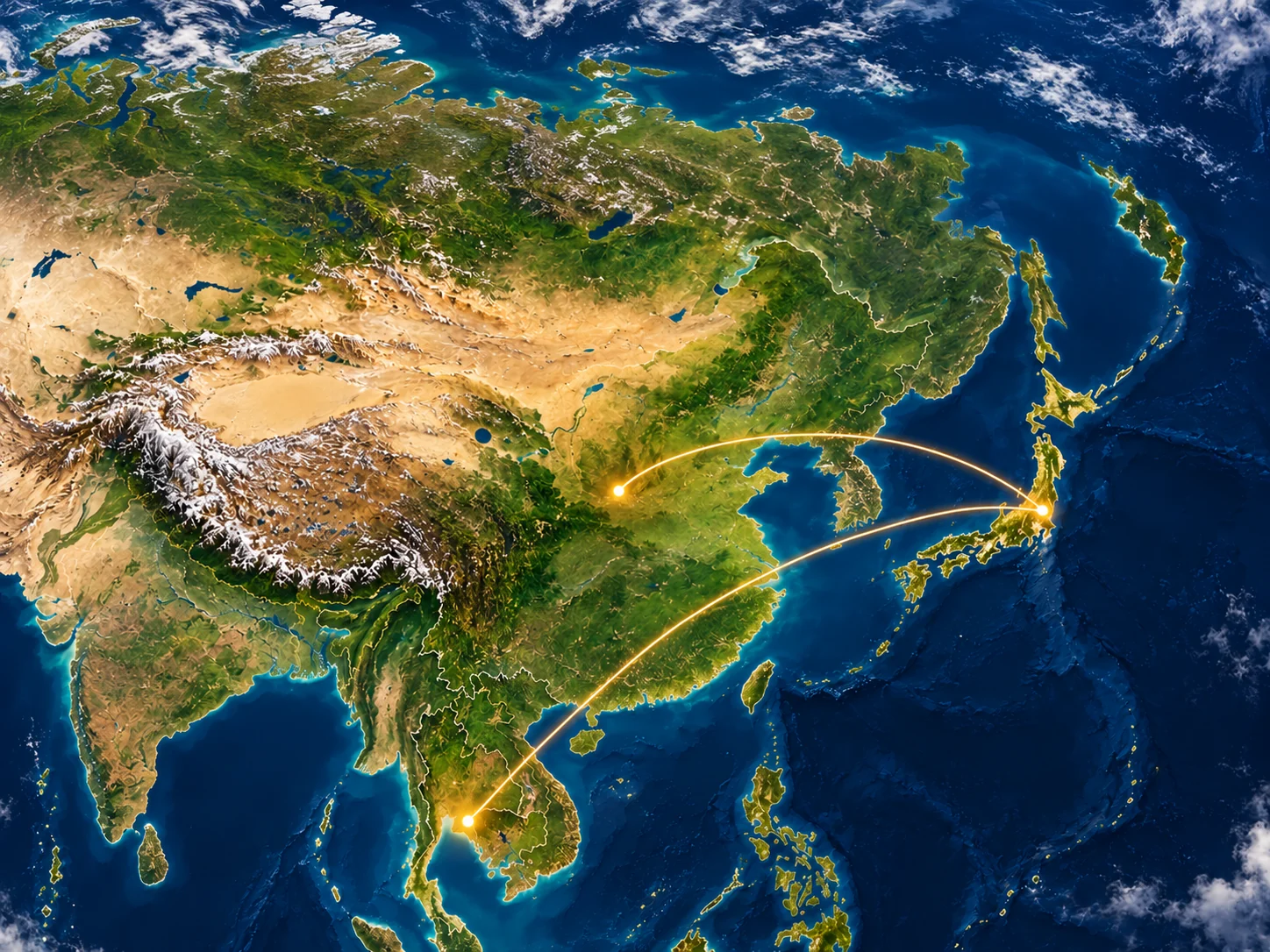 日本から中国とタイへつながる取引地域の地形図